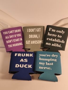 Funny Phrase Can Cooler Set - Purple, Olive, Black, Navy, Teal